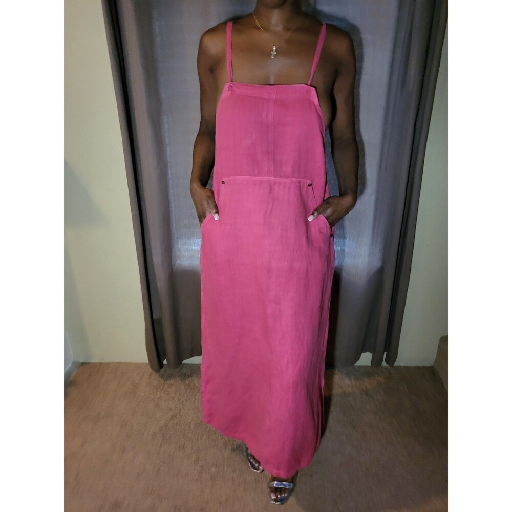 Vtg David Dart M 100% Linen Overall Dress Pink Peasant Boho
